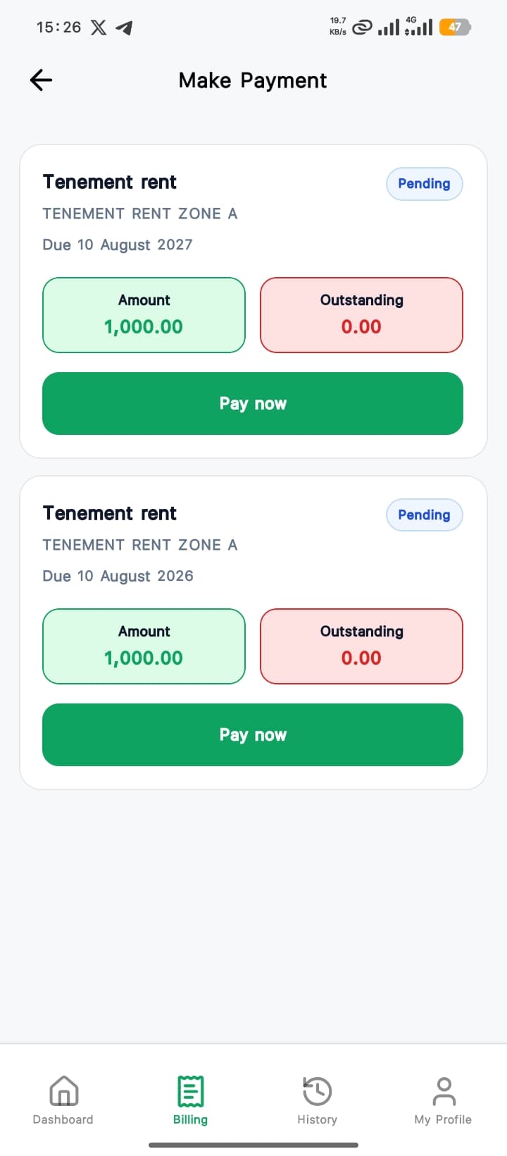 Make payment screen